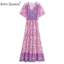 Boho Queens Vintage Women Purple Floral Print Short Sleeve