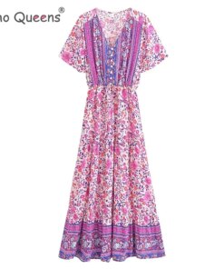 Boho Queens Vintage Women Purple Floral Print Short Sleeve