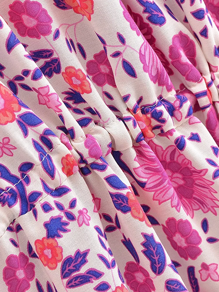 Boho Queens Vintage Women Purple Floral Print Short Sleeve Tassel Ruffles Bohemian Maxi Dresses Ladies V-neck Rayon Boho Dress