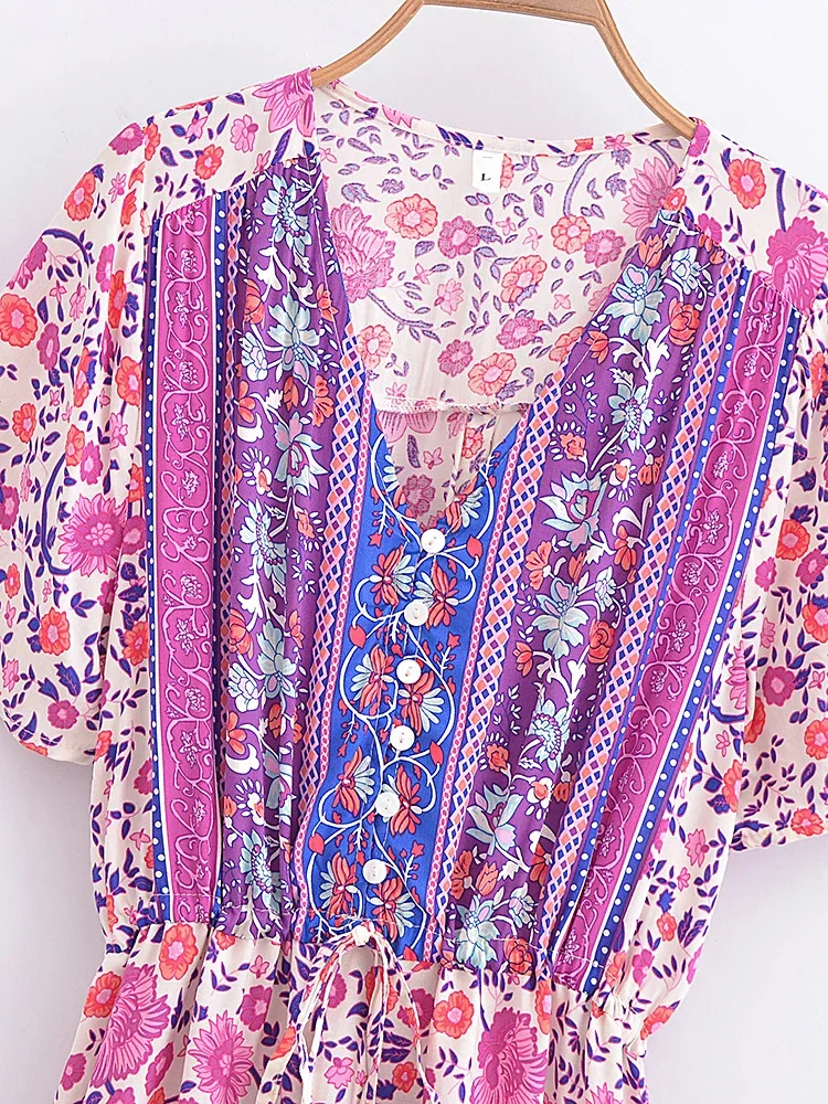 Boho Queens Vintage Women Purple Floral Print Short Sleeve Tassel Ruffles Bohemian Maxi Dresses Ladies V-neck Rayon Boho Dress