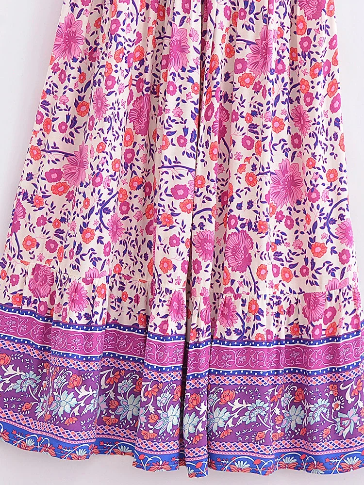 Boho Queens Vintage Women Purple Floral Print Short Sleeve Tassel Ruffles Bohemian Maxi Dresses Ladies V-neck Rayon Boho Dress