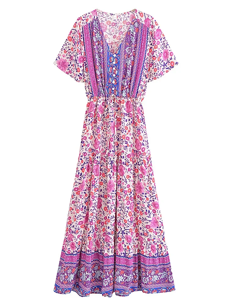 Boho Queens Vintage Women Purple Floral Print Short Sleeve Tassel Ruffles Bohemian Maxi Dresses Ladies V-neck Rayon Boho Dress