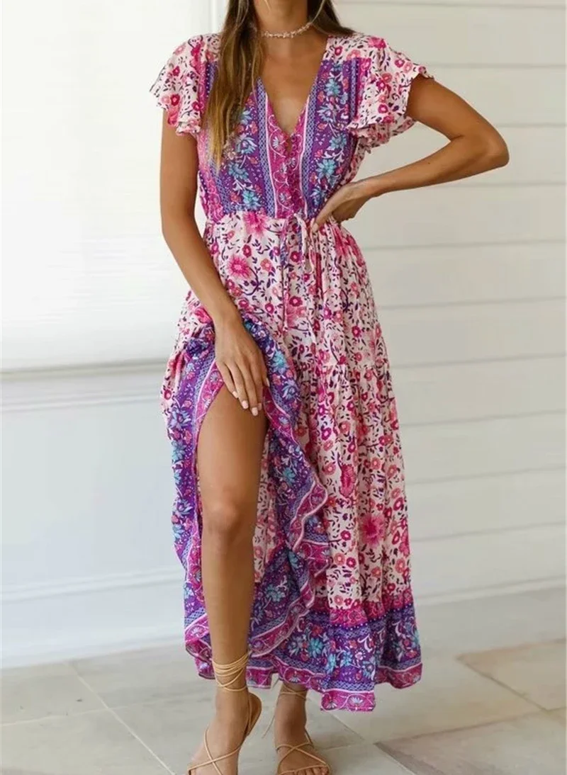 Boho Queens Vintage Women Purple Floral Print Short Sleeve Tassel Ruffles Bohemian Maxi Dresses Ladies V-neck Rayon Boho Dress