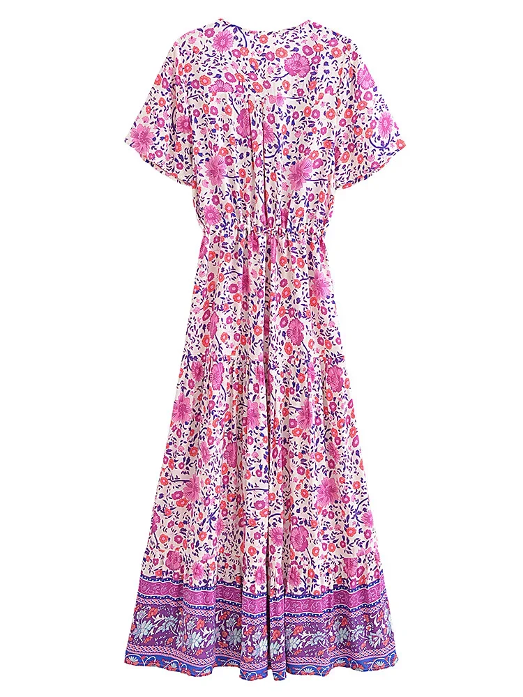 Boho Queens Vintage Women Purple Floral Print Short Sleeve Tassel Ruffles Bohemian Maxi Dresses Ladies V-neck Rayon Boho Dress