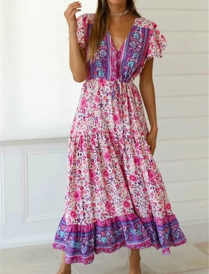 Boho Queens Vintage Women Purple Floral Print Short Sleeve Tassel Ruffles Bohemian Maxi Dresses Ladies V-neck Rayon Boho Dress