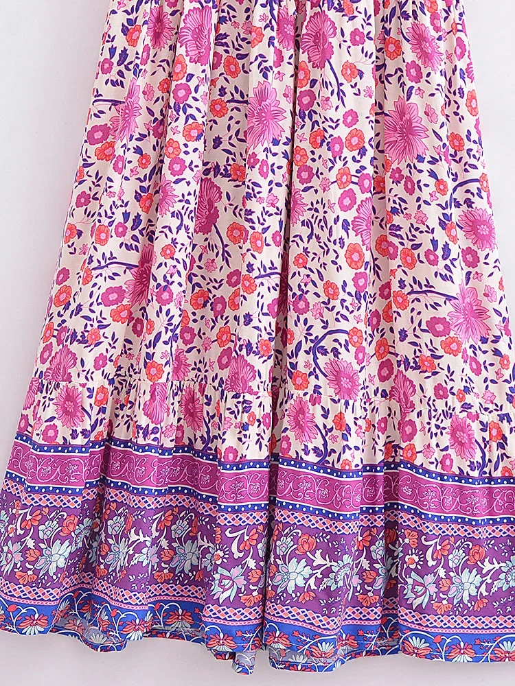 Boho Queens Vintage Women Purple Floral Print Short Sleeve Tassel Ruffles Bohemian Maxi Dresses Ladies V-neck Rayon Boho Dress