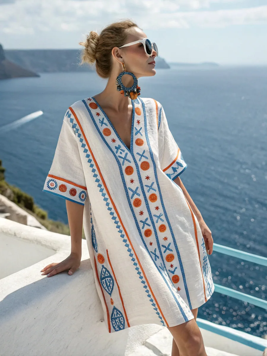 Summer Loose Bat Sleeves Womens Bohemian Print Beach Vacation Versatile Style Dress For Women's Camping Casual Temperament Dress