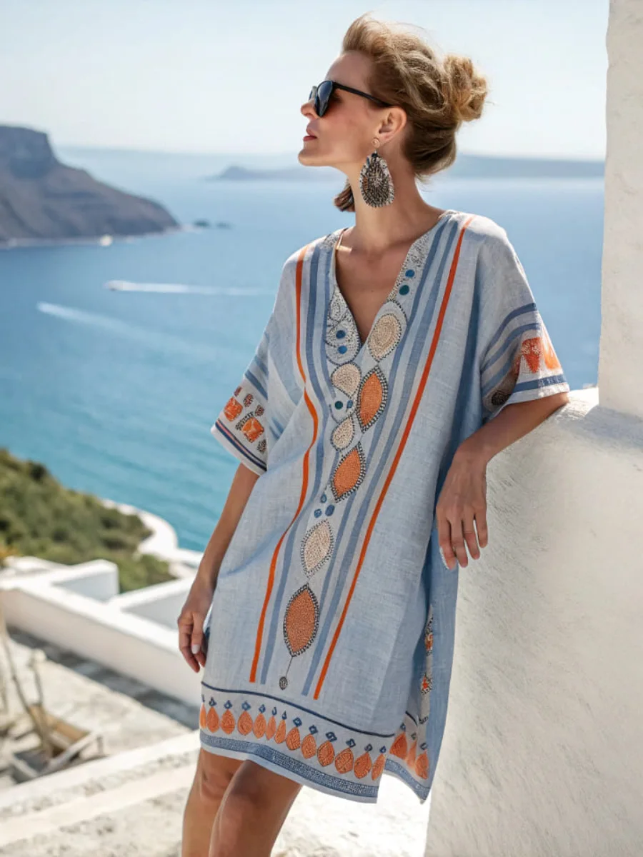 Summer Loose Bat Sleeves Womens Bohemian Print Beach Vacation Versatile Style Dress For Women's Camping Casual Temperament Dress