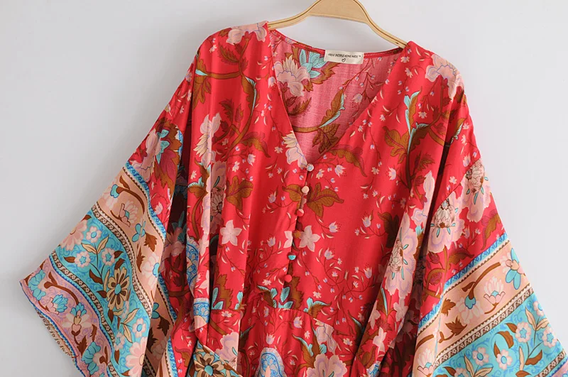 Boho Queens Women Red Peacock Floral Print Bat Sleeve Beach Bohemian Kimono Dresses Ladies V Neck  Summer Happie Dress
