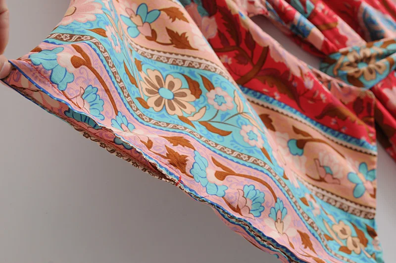 Boho Queens Women Red Peacock Floral Print Bat Sleeve Beach Bohemian Kimono Dresses Ladies V Neck  Summer Happie Dress