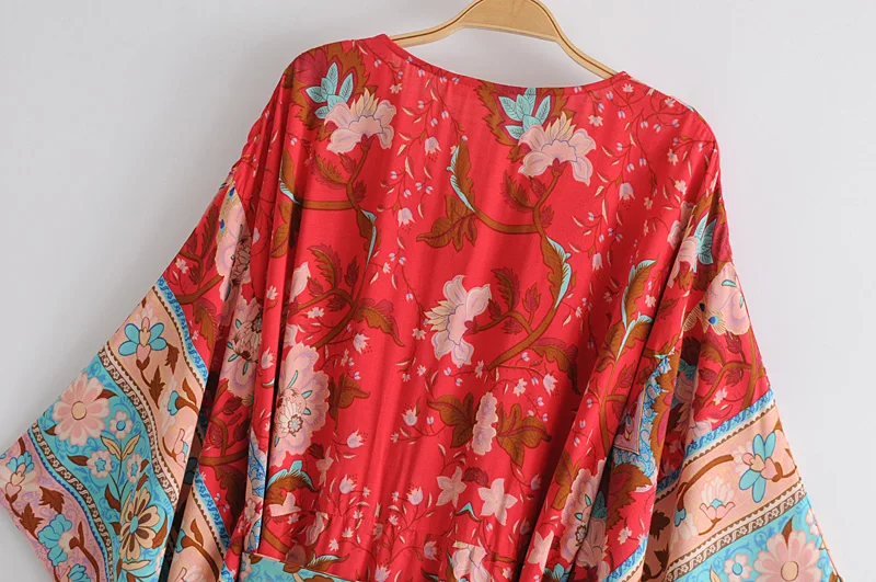 Boho Queens Women Red Peacock Floral Print Bat Sleeve Beach Bohemian Kimono Dresses Ladies V Neck  Summer Happie Dress