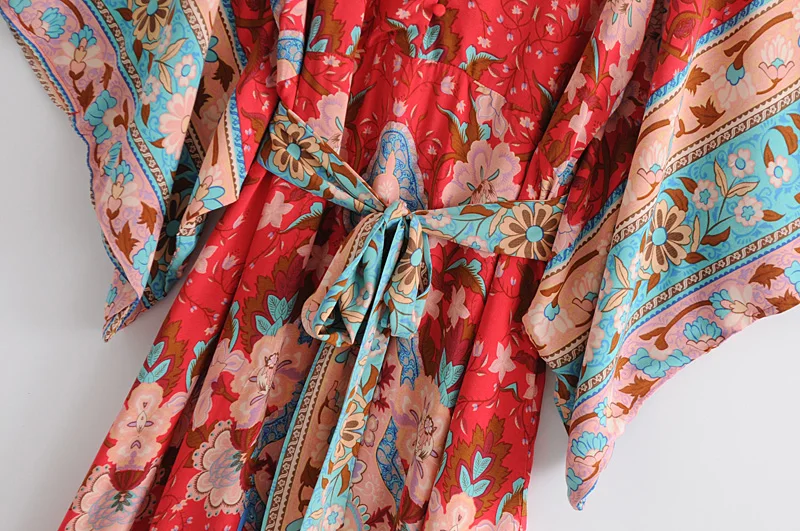 Boho Queens Women Red Peacock Floral Print Bat Sleeve Beach Bohemian Kimono Dresses Ladies V Neck  Summer Happie Dress