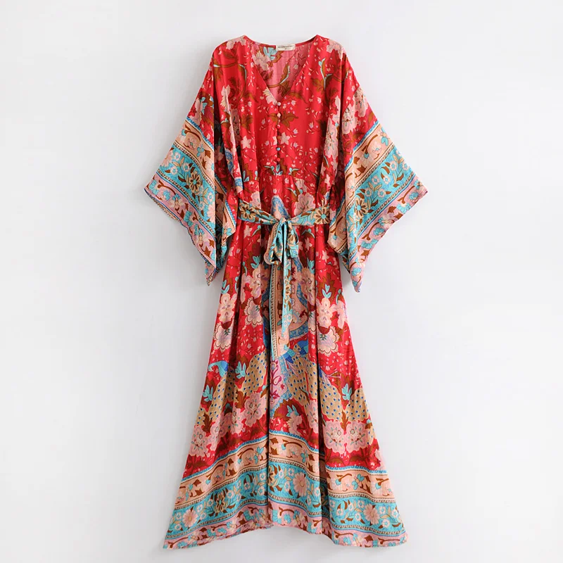 Boho Queens Women Red Peacock Floral Print Bat Sleeve Beach Bohemian Kimono Dresses Ladies V Neck  Summer Happie Dress