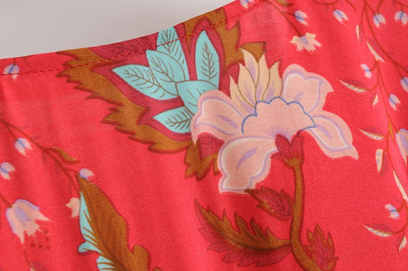Boho Queens Women Red Peacock Floral Print Bat Sleeve Beach Bohemian Kimono Dresses Ladies V Neck  Summer Happie Dress