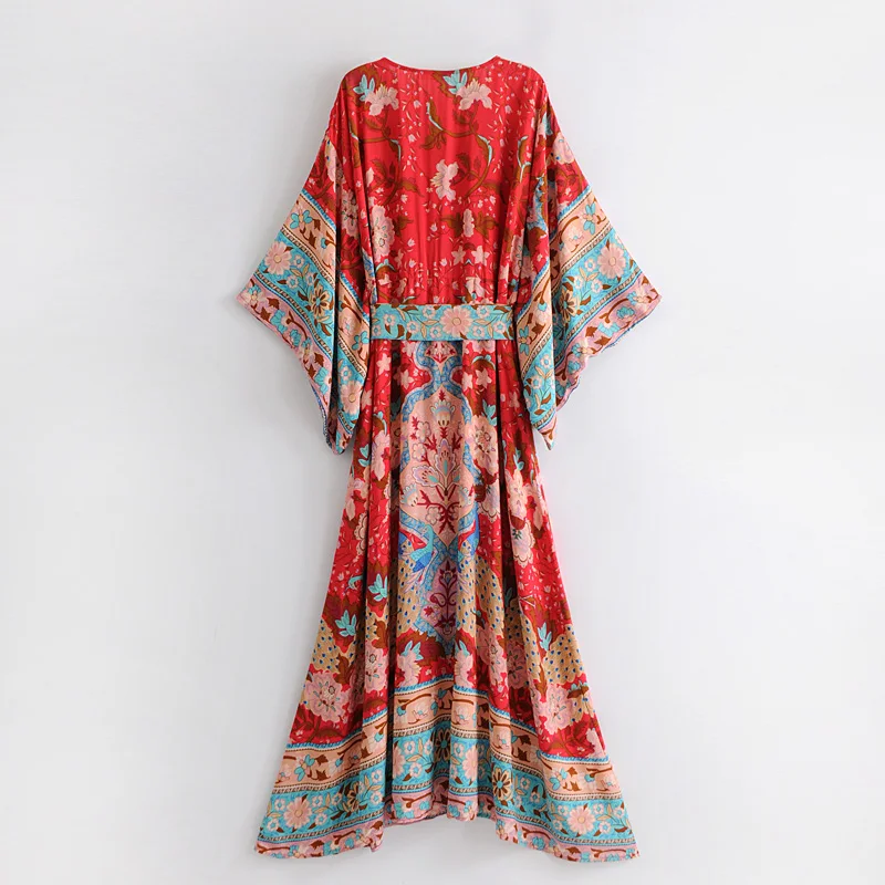Boho Queens Women Red Peacock Floral Print Bat Sleeve Beach Bohemian Kimono Dresses Ladies V Neck  Summer Happie Dress