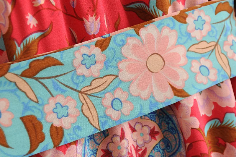 Boho Queens Women Red Peacock Floral Print Bat Sleeve Beach Bohemian Kimono Dresses Ladies V Neck  Summer Happie Dress