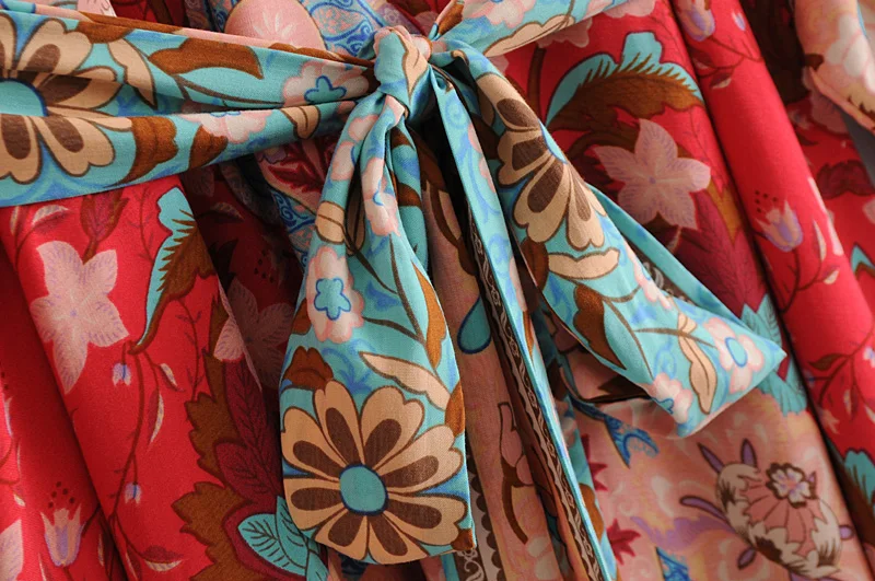 Boho Queens Women Red Peacock Floral Print Bat Sleeve Beach Bohemian Kimono Dresses Ladies V Neck  Summer Happie Dress