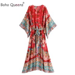 Boho Queens Women Red Peacock Floral Print Bat Sleeve Kimono