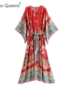 Boho Queens Women Red Peacock Floral Print Bat Sleeve Kimono