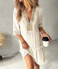 Boho Dress for Womens Casual Elegant Embroidered V-Neck