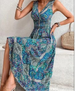 Summer Boho Dress Women Sleeveless Print Beach Party Dresses
