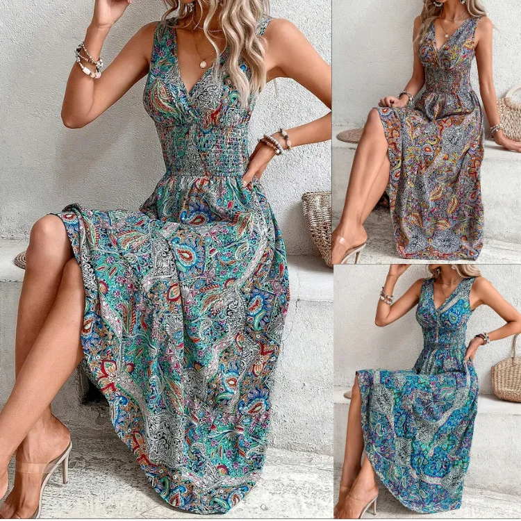 Summer Boho Dress Women Fahsion Sleeveless Print Beach Party Dresses Elegant Casual Holiday Female Dress For Women Robe Femme