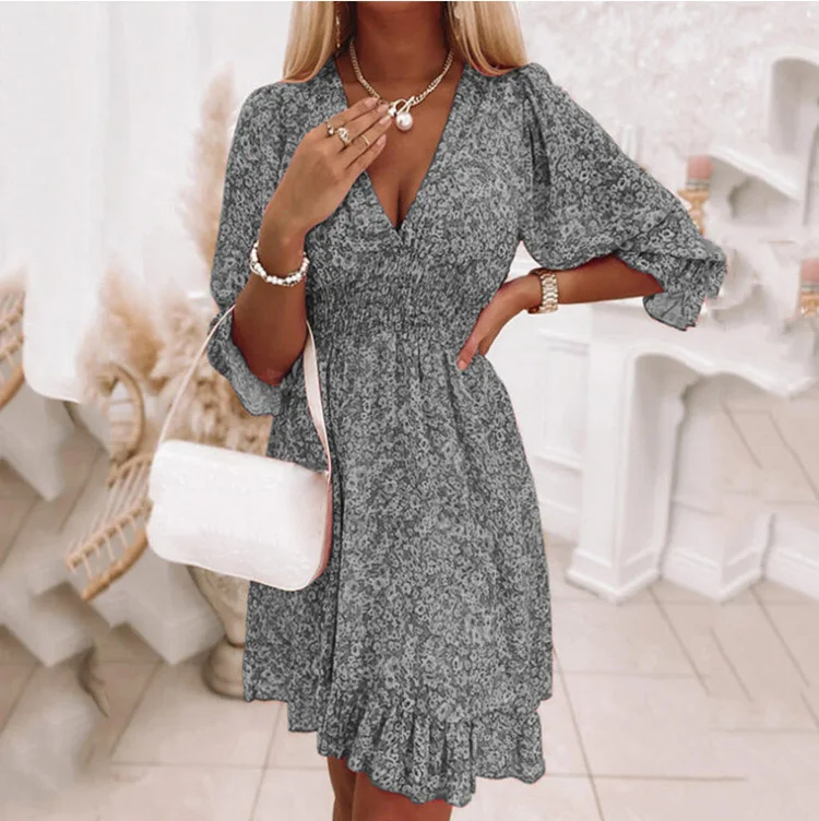 New Boho Print Floral Women Dress Summer Fashion V Neck Short Sleeve Office Elegnat Casual Dresses Female Sweet Beach Dress Robe