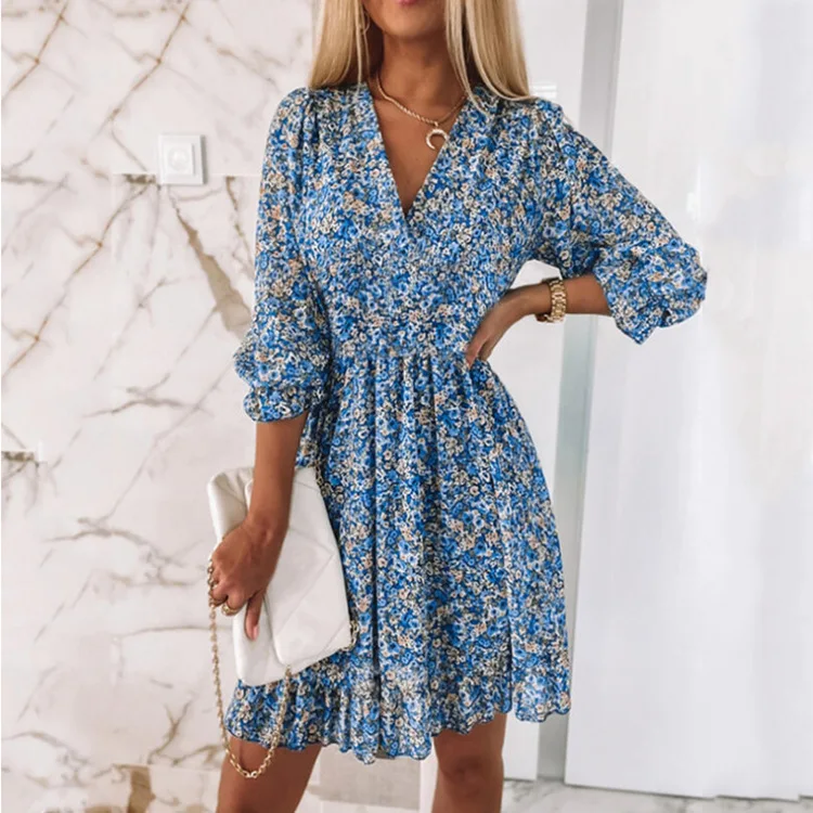 New Boho Print Floral Women Dress Summer Fashion V Neck Short Sleeve Office Elegnat Casual Dresses Female Sweet Beach Dress Robe
