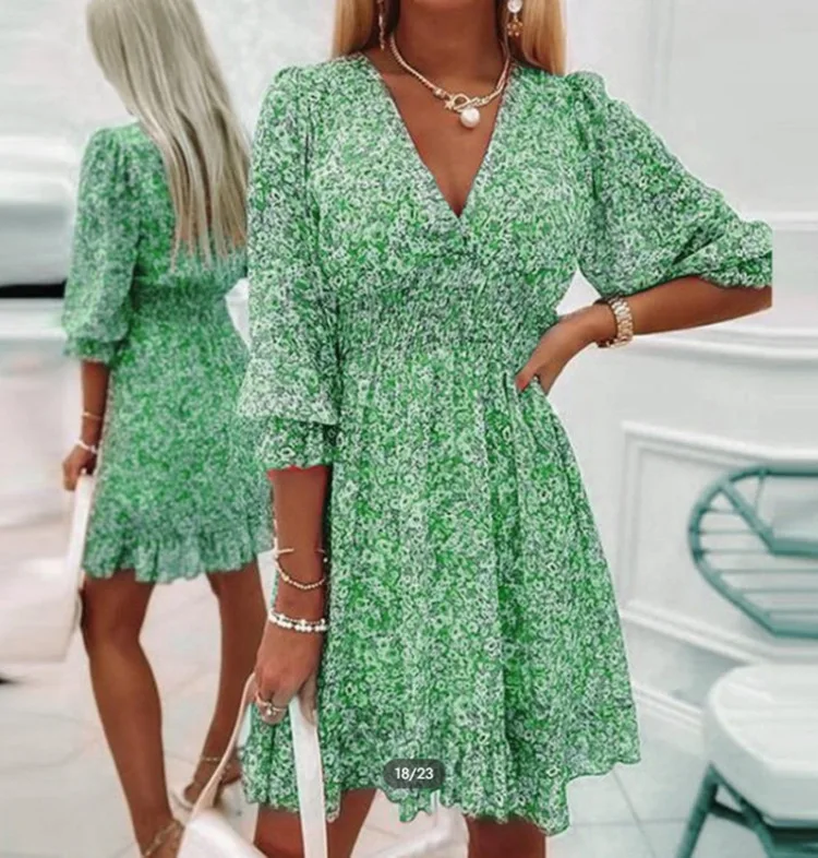 New Boho Print Floral Women Dress Summer Fashion V Neck Short Sleeve Office Elegnat Casual Dresses Female Sweet Beach Dress Robe