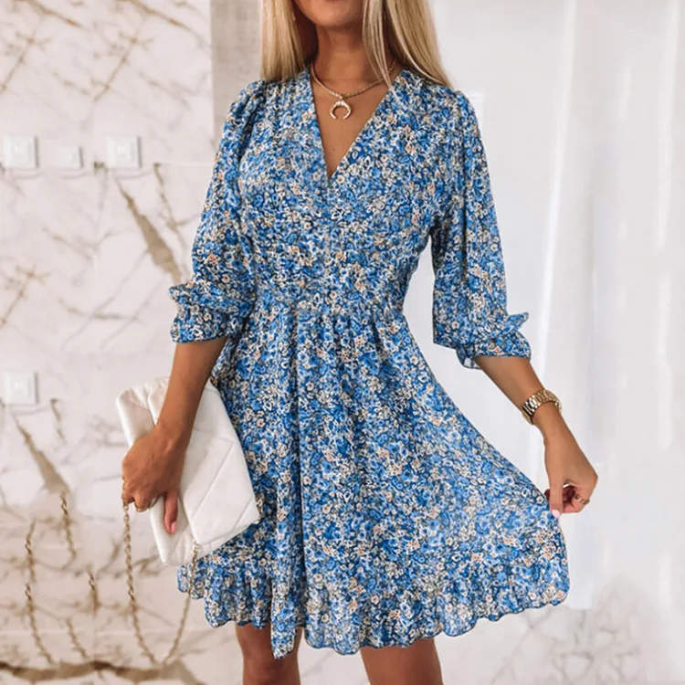New Boho Print Floral Women Dress Summer Fashion V Neck Short Sleeve Office Elegnat Casual Dresses Female Sweet Beach Dress Robe