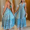 Sexy Backless Womens Dresses Summer Vintage Boho Print Halter Deep V-neck Lace Up Long Dress Casual Ruffles Beach Dress Female