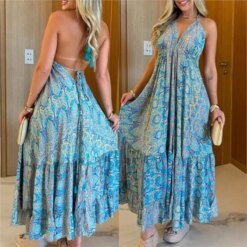 Sexy Backless Womens Dresses Summer Vintage Boho Print Halter
