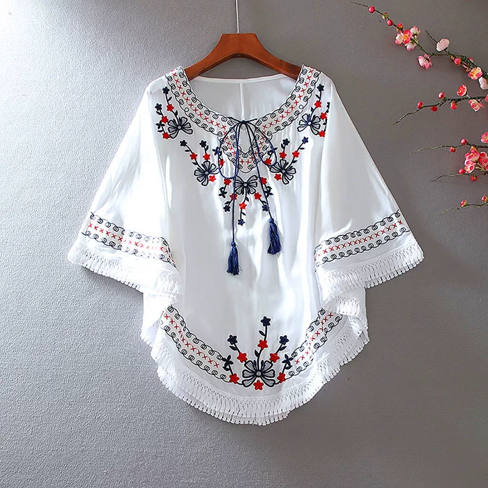 Summer Dress 2022 Fashion Floral Embroidery Women White Dress Batwing O-Neck Bohemian Casual Boho Dresses Vestidos Clothing