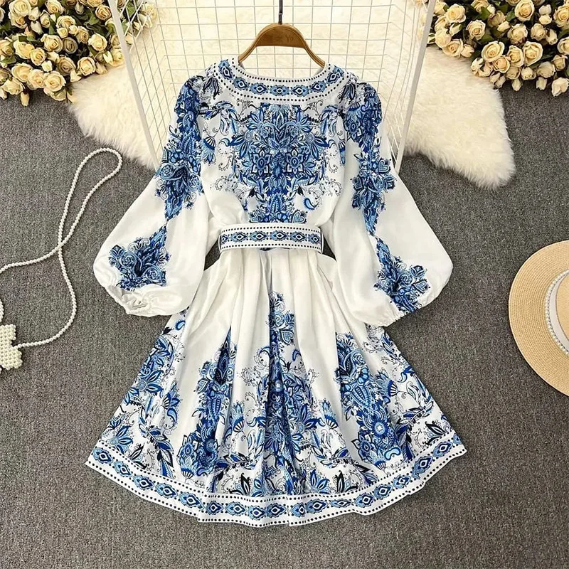 Spring Elegant Women Dress 2025 Fashion Lantern Sleeve V Neck Boho Print Dress Vintage Belt Loose Party Dresses Femme Vestidos