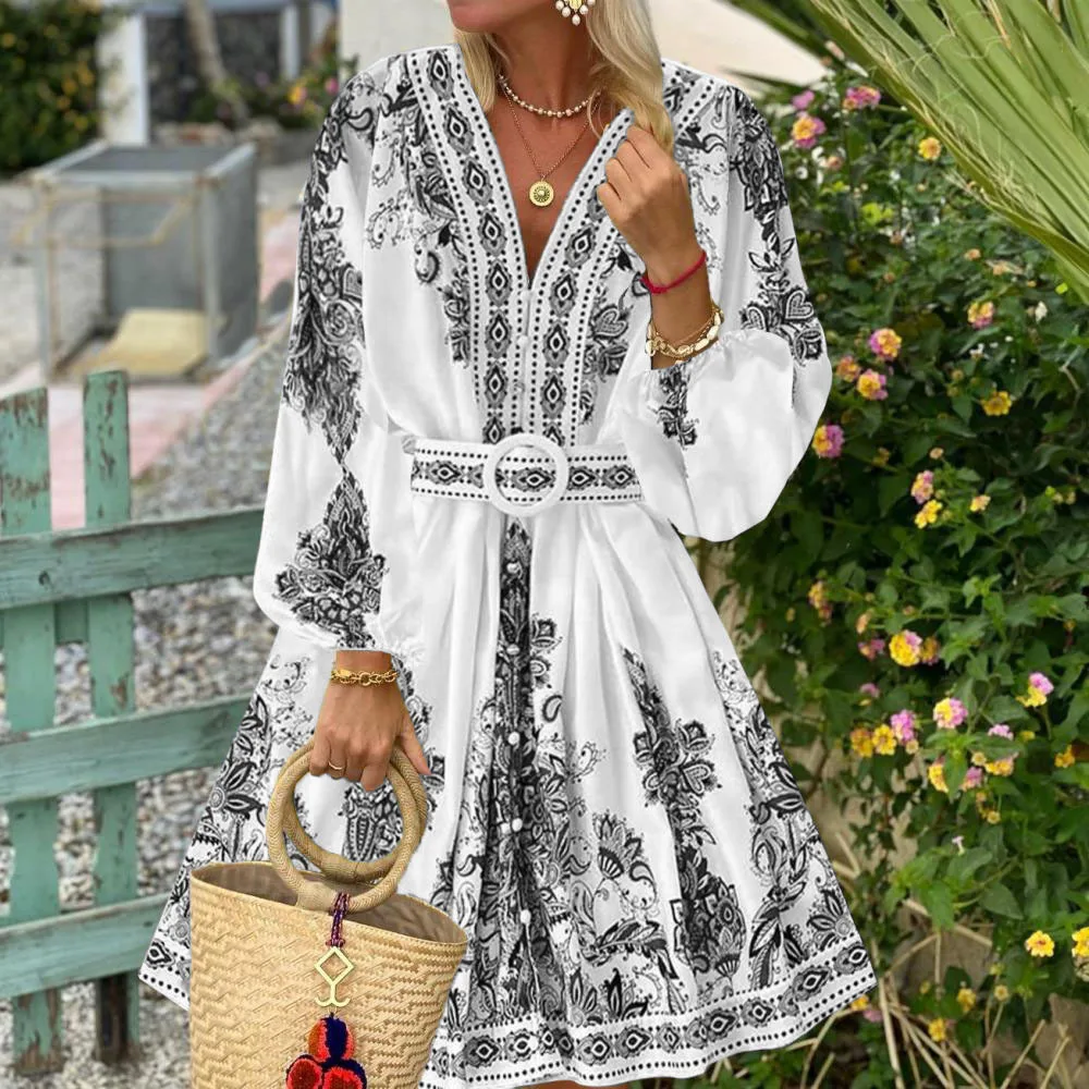 Spring Elegant Women Dress 2025 Fashion Lantern Sleeve V Neck Boho Print Dress Vintage Belt Loose Party Dresses Femme Vestidos
