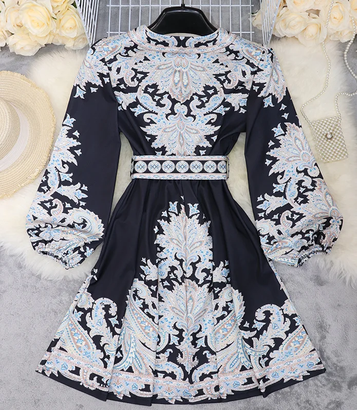 Spring Elegant Women Dress 2025 Fashion Lantern Sleeve V Neck Boho Print Dress Vintage Belt Loose Party Dresses Femme Vestidos