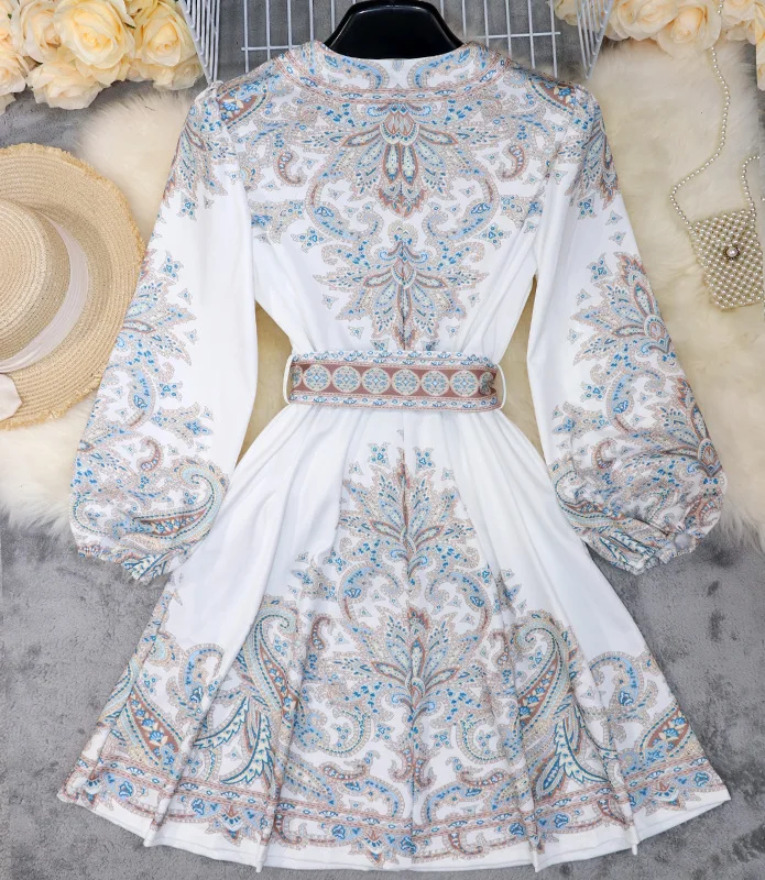 Spring Elegant Women Dress 2025 Fashion Lantern Sleeve V Neck Boho Print Dress Vintage Belt Loose Party Dresses Femme Vestidos