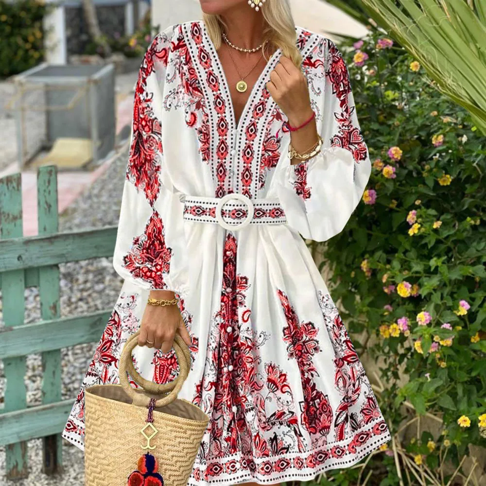 Spring Elegant Women Dress 2025 Fashion Lantern Sleeve V Neck Boho Print Dress Vintage Belt Loose Party Dresses Femme Vestidos