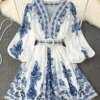 Spring Elegant Women Dress 2025 Fashion Lantern Sleeve V Neck Boho Print Dress Vintage Belt Loose Party Dresses Femme Vestidos