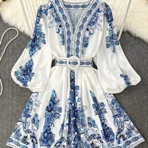 Spring Elegant Women Dress 2025 Fashion Lantern Sleeve V Neck Boho Print Dress Vintage Belt Loose Party Dresses Femme Vestidos