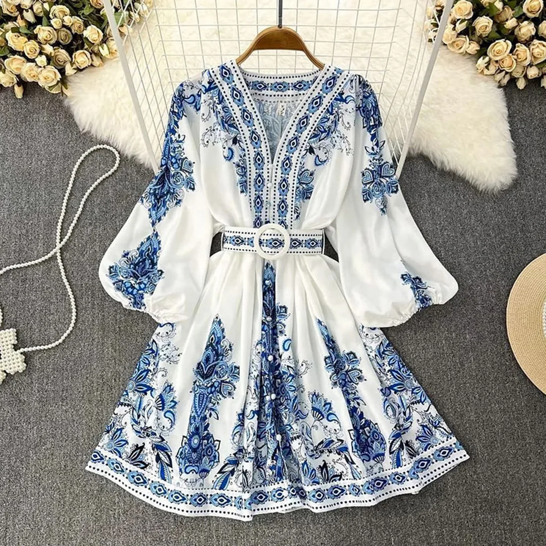 Spring Elegant Women Dress 2025 Fashion Lantern Sleeve V Neck Boho Print Dress Vintage Belt Loose Party Dresses Femme Vestidos