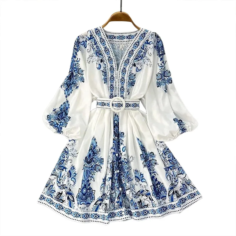 Spring Elegant Women Dress 2025 Fashion Lantern Sleeve V Neck Boho Print Dress Vintage Belt Loose Party Dresses Femme Vestidos