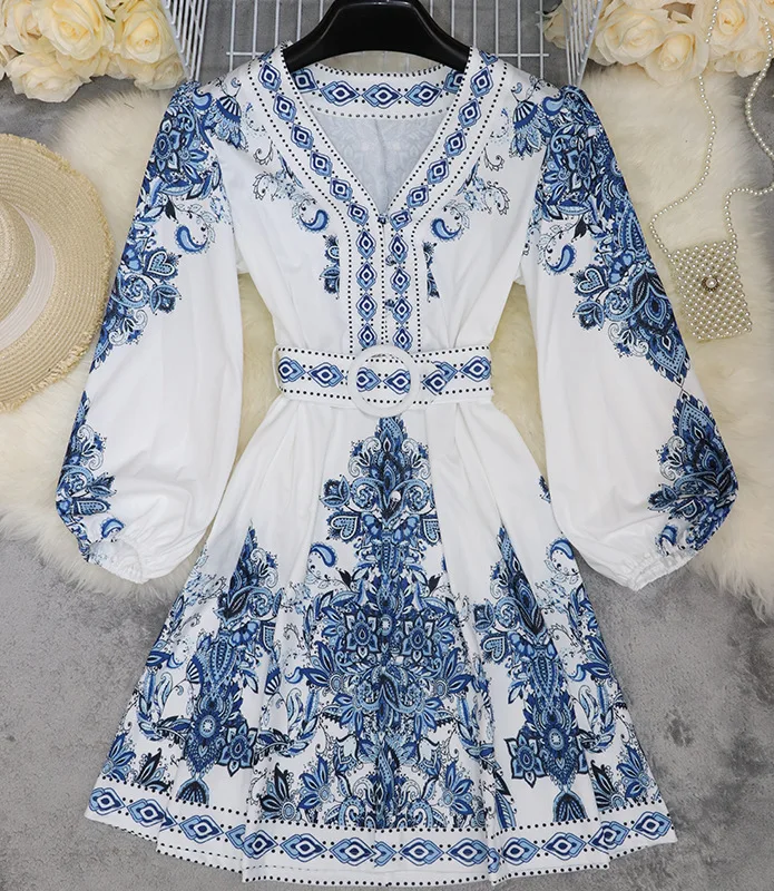 Spring Elegant Women Dress 2025 Fashion Lantern Sleeve V Neck Boho Print Dress Vintage Belt Loose Party Dresses Femme Vestidos