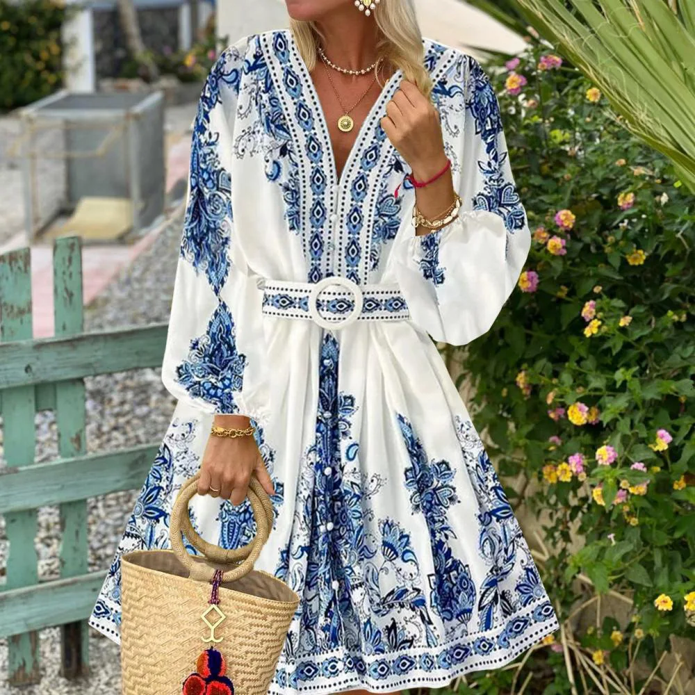Spring Elegant Women Dress 2025 Fashion Lantern Sleeve V Neck Boho Print Dress Vintage Belt Loose Party Dresses Femme Vestidos