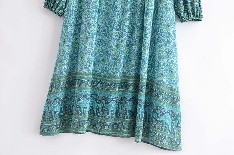 Happie Queens Women Green Floral Print Beach Long Bohemian Dresses Robe Ladies Summer Rayon Cotton Midi Dress Vestidos