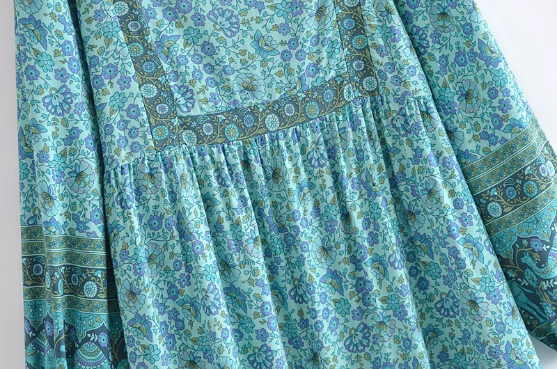 Happie Queens Women Green Floral Print Beach Long Bohemian Dresses Robe Ladies Summer Rayon Cotton Midi Dress Vestidos