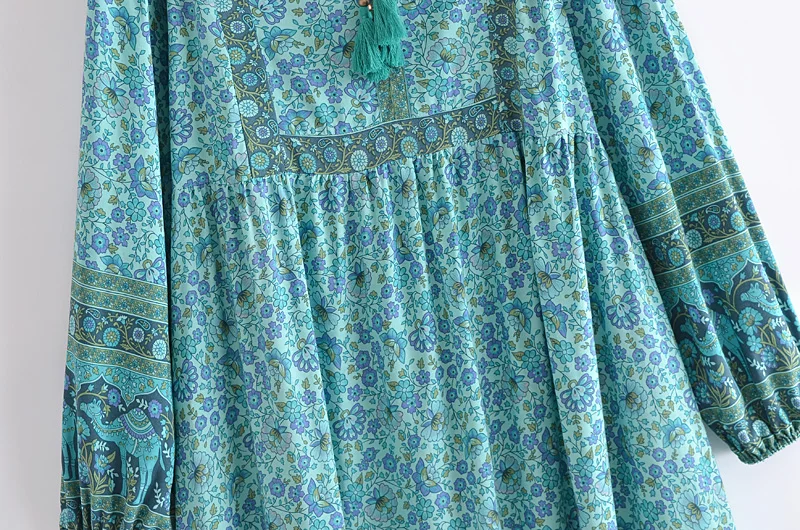 Happie Queens Women Green Floral Print Beach Long Bohemian Dresses Robe Ladies Summer Rayon Cotton Midi Dress Vestidos