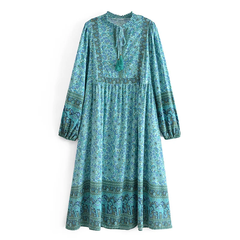 Happie Queens Women Green Floral Print Beach Long Bohemian Dresses Robe Ladies Summer Rayon Cotton Midi Dress Vestidos