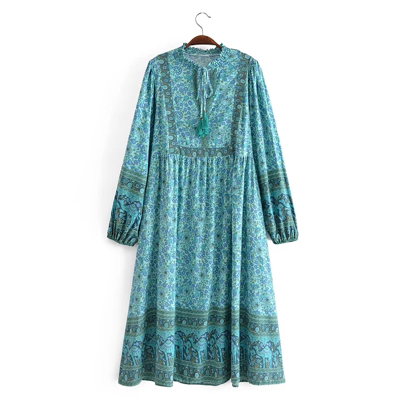 Happie Queens Women Green Floral Print Beach Long Bohemian Dresses Robe Ladies Summer Rayon Cotton Midi Dress Vestidos
