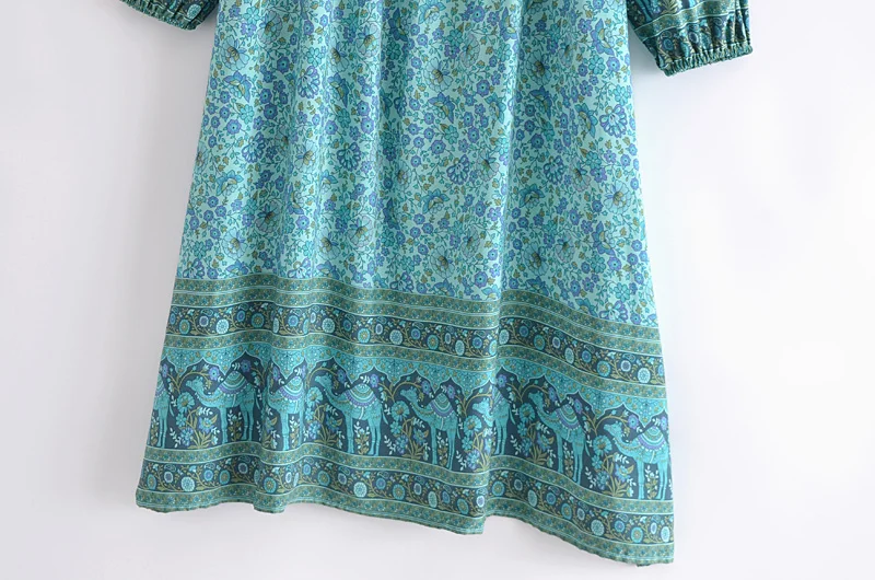 Happie Queens Women Green Floral Print Beach Long Bohemian Dresses Robe Ladies Summer Rayon Cotton Midi Dress Vestidos